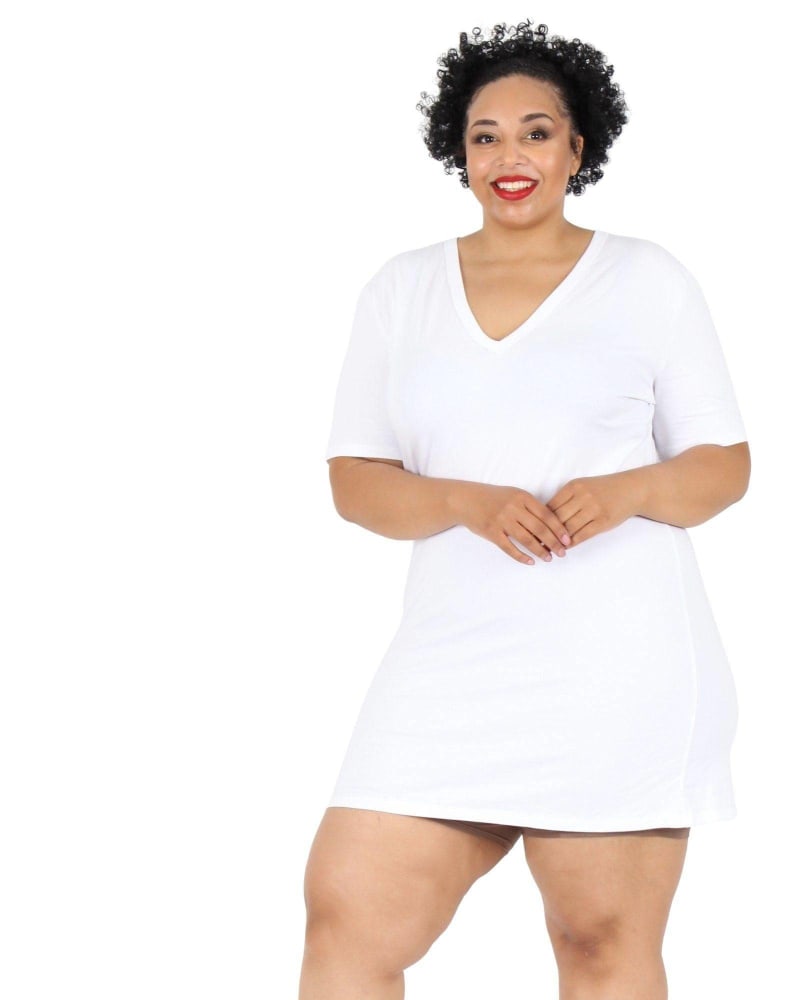 Front of a model wearing a size L/XL Lux Cotton T-Shirt Dress in White by Undersummers. | dia_product_style_image_id:243599